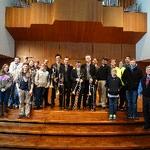 Photo of Maniacal 4 trombone quartet with trombone studio and students from Jenison, MI